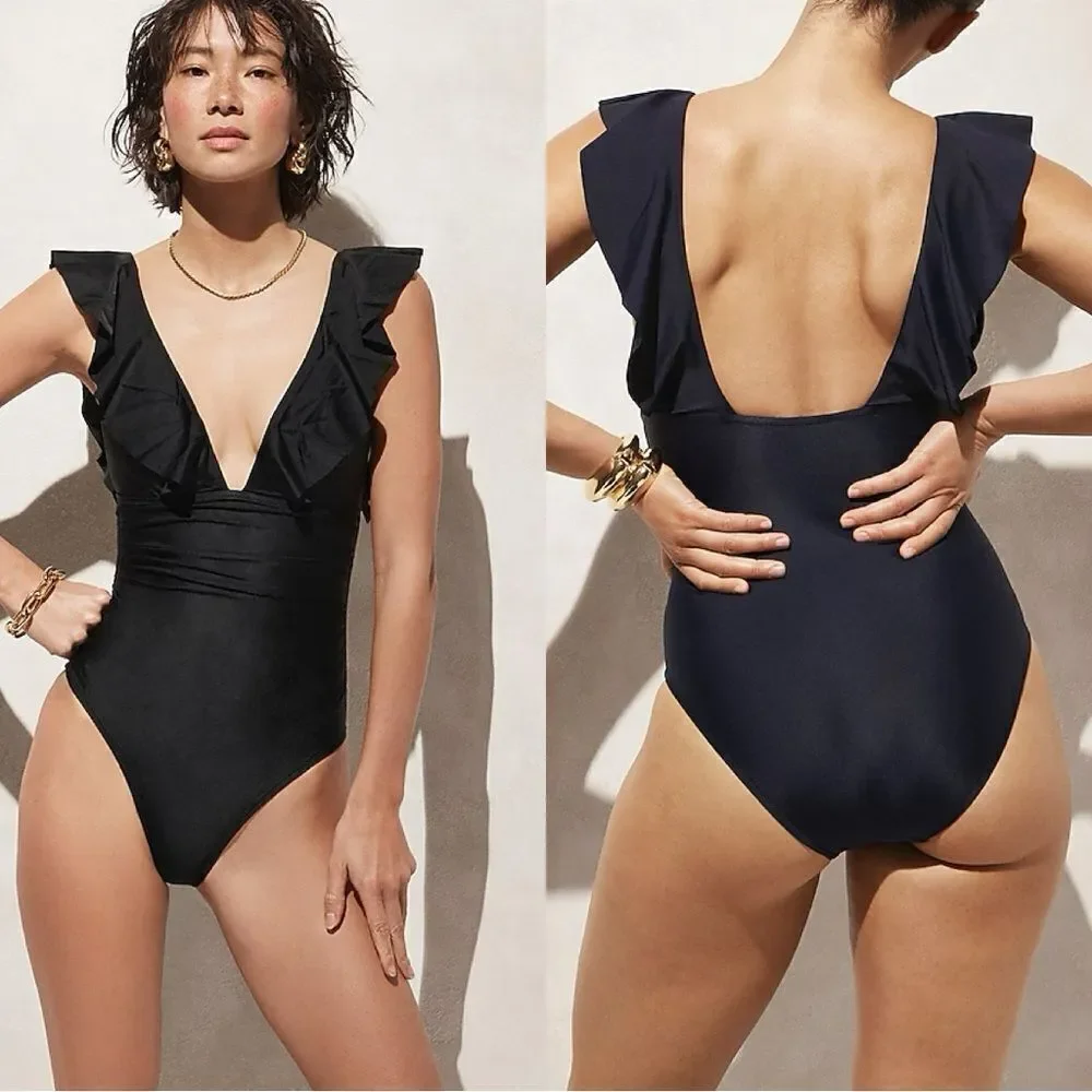 NWT J CREW Ruched ruffle one-piece swimsuit in black